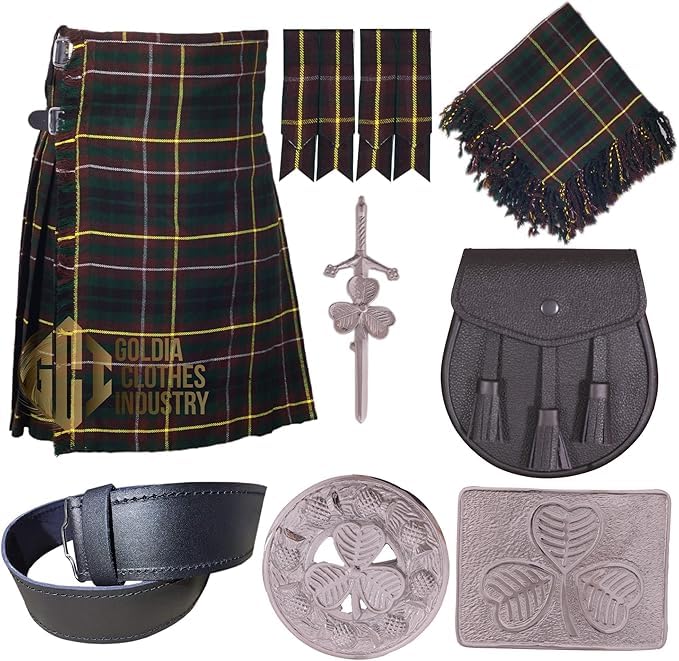 Goldia Clothes Industry Scottish Tartan Kilt Outfit – 8 Yards 16Oz Kilt with Accessories – Custom-Made in Various Tartans (Buchanan Hunting)