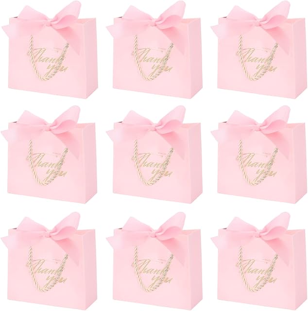 12Pcs Thank You Gift Bags with Handle and Bow Ribbon, Small Paper Gift Bags Bulk with Handle Favour Bags for Wedding Party Birthday Party Baby Shower, pink