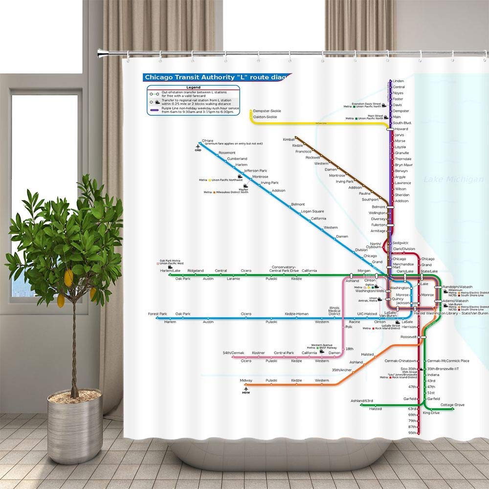 AMHNF Subway Map Shower Curtain Chicago Transit Authority Route Personalized Creative Design Home Bathroom Decor Quick Dry Fabric with 12 Hooks?70x70 Inch?White
