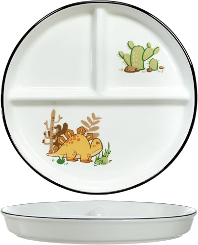 1 plato de cerámica para control de porciones de dinosaurio, plato dividido para alimentación racional y pérdida de peso, plato de postre dividido,