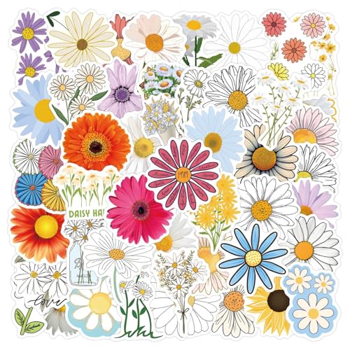 Cute Daisy Stickers 55PCS Beautiful Plants Waterproof Flower Stickers for Water Bottles Laptop Luggage Journaling, Party Rewards Waterproof Vinyl Decals for Kids Teens Adults (Colourful)