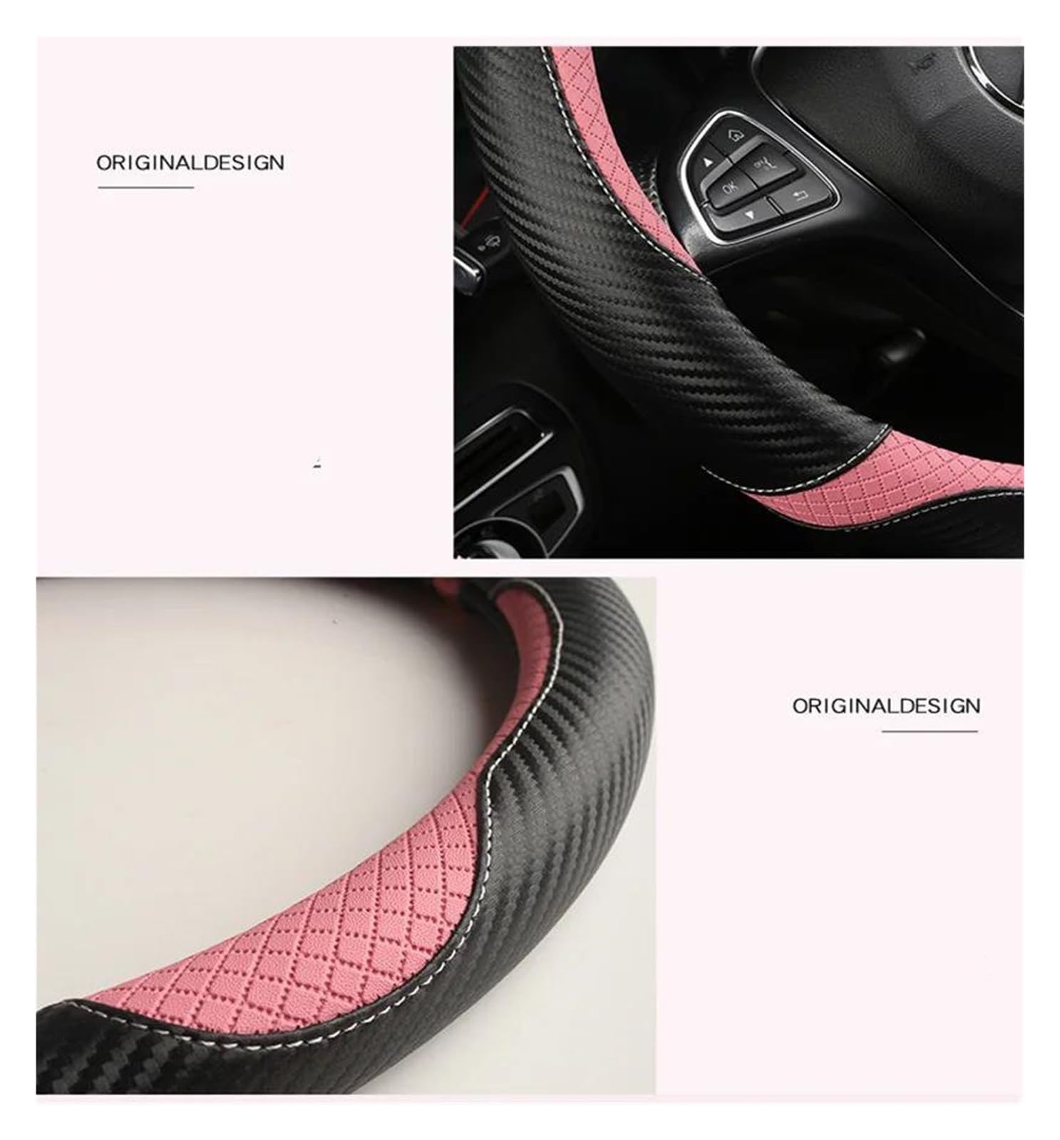 Volantes Fibra Carbono + Protector Cuero para Volante Coche Antideslizante 38cm para Seat para MII para Leon para Arosa para Exeo ST para FR Funda Volante(Red D)