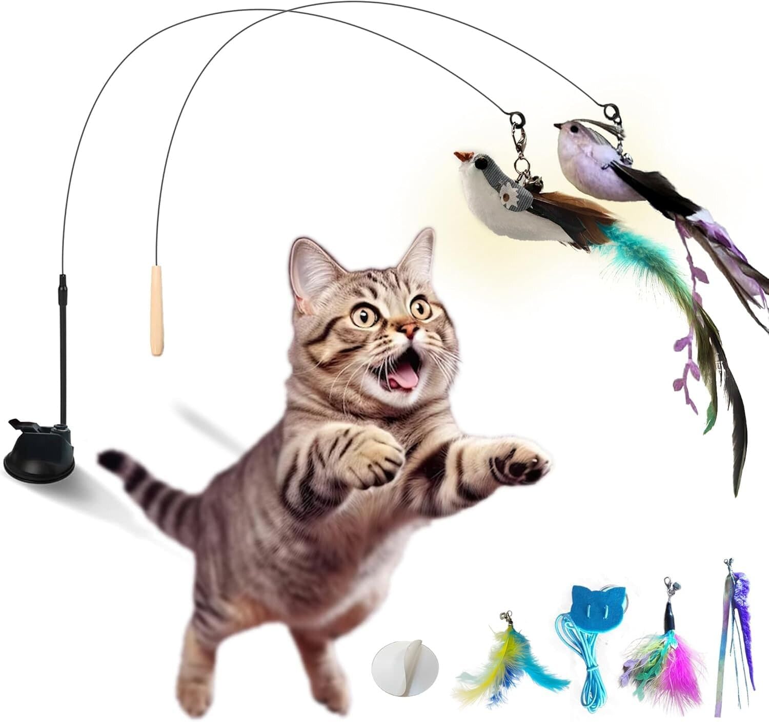 ZOYTEN 10PCS Wand Toy Set – Interactive Teaser with Feather Refills, Suction Cup & Fishing Pole, Retractable Toy for Indoor Cats Exercise & Playtime Fun