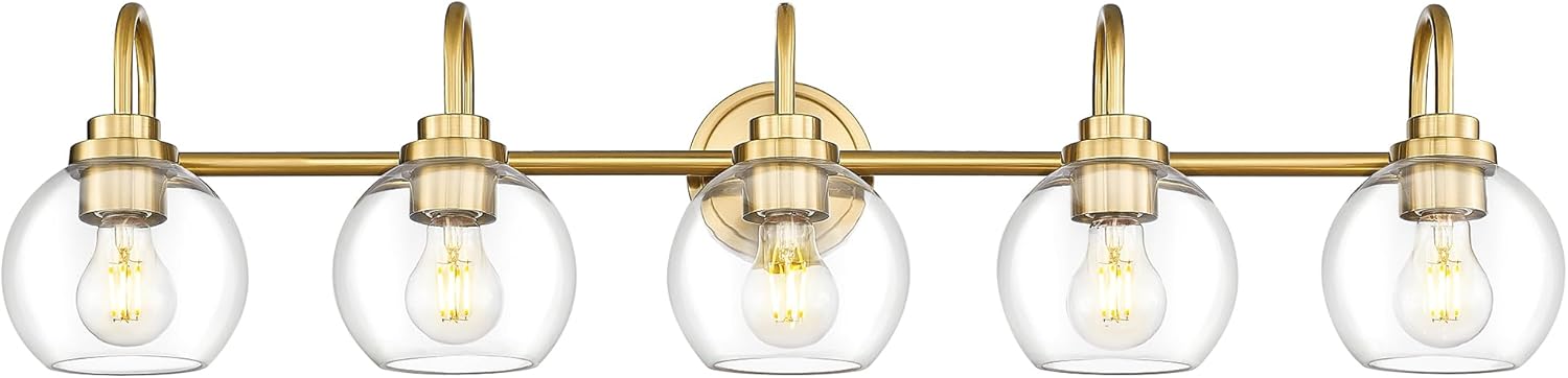 Bathroom Light Fixtures, 5-Light Brushed Gold Vanity Lights with Globe Clear Glass, 35 Inch Champagne Bronze Vanity Lighting Fixtures Over Mirror, AD-22280-5W-GD Gold, 5-Light