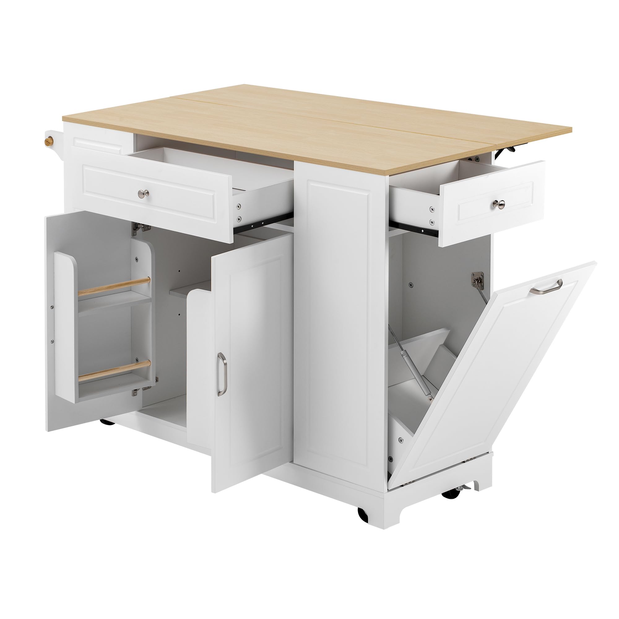 Kücheninsel mit Rollen & ausziehbarer Tischplatte, Mobile Kücheninsel mit Steckdosen, Schubladen & Abfalltrennsystem, Platzsparender Küchentrolley für kleine Küchen & Esszimmer (Weiß)