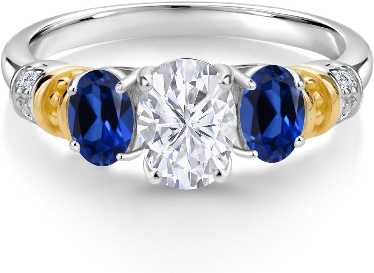 Gem Stone King 925 Sterling Silver and 10K Yellow Gold IGI Certified Lab Grown Diamond and Blue Created Sapphire 3 Stone Ring For Women | 2.73 Cttw | Center Oval Diamond 1.5 Ct | E-F Color | VS1-VS2 - Image 2