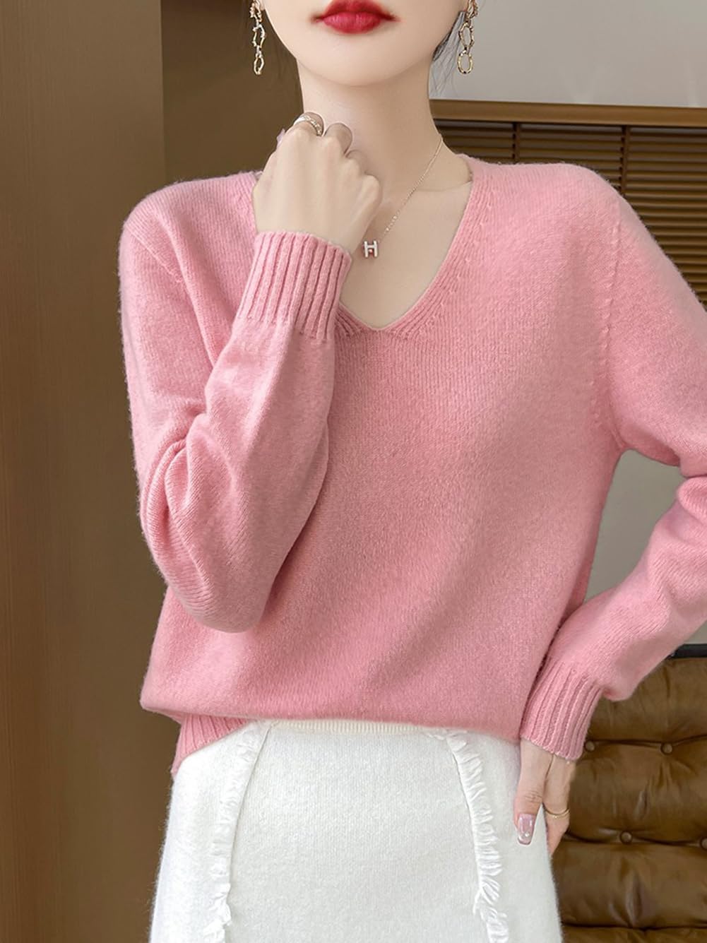 100% Merino Wool Sweaters for Women's Fall Winter Knitted Thick V-Neck Pullover Long Sleeves Loose Solid Warm(WQ702) - Image 6
