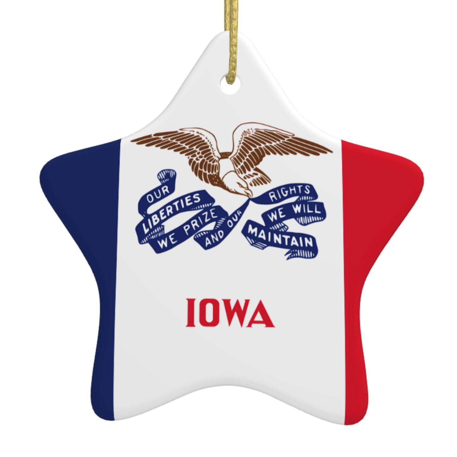 Iowa State Flag Christmas Ceramic Star Pendant with Punched Holes and Gold Wire Rope, Christmas Tree Home Decoration