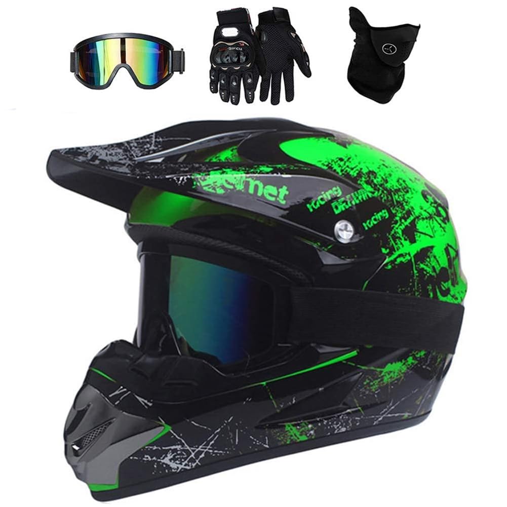 UIGJIOG Motocross Helmet, with Goggles Mask Gloves, Youth Kid Full-Face Off Road Motorcycle Crash Helmet, MTB BMX Downhill Quad Bike Enduro Racing Dirt Bike Helmet,Green,M(54~55cm)