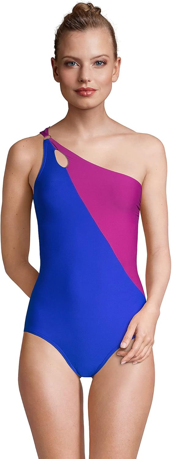 Lands' End Womens Chlorine Resistant One Shoulder Cut Out One Piece Swimsuit Control Electric Blue/Violet Rose Regular 8 - Image 3