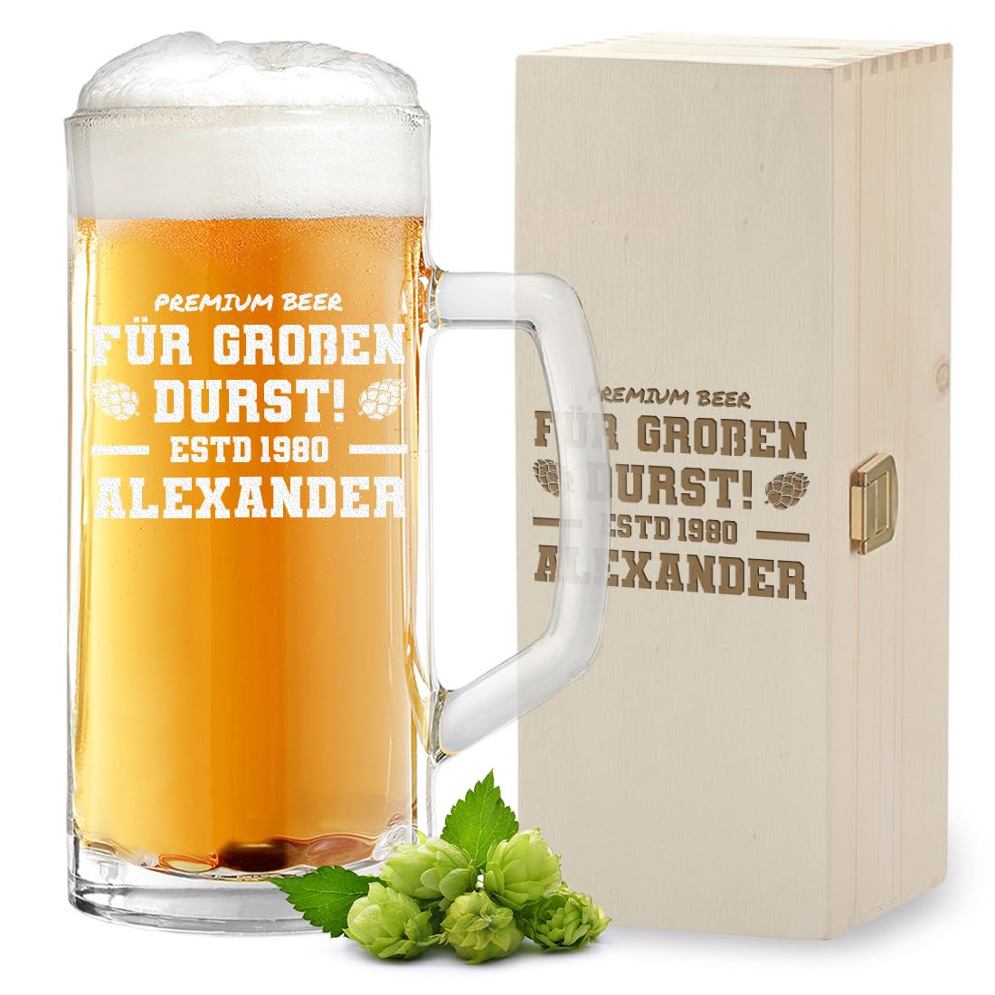 polar-effekt 2-TLG Geschenk-Set Bierkrug 0,5 Liter und Holzkiste zum Geburtstag mit Gravur - Bierseidel Vatertagsgeschenk - Bierglas zum Jubiläum mit Füllstrich - für Papa, Opa und Freund
