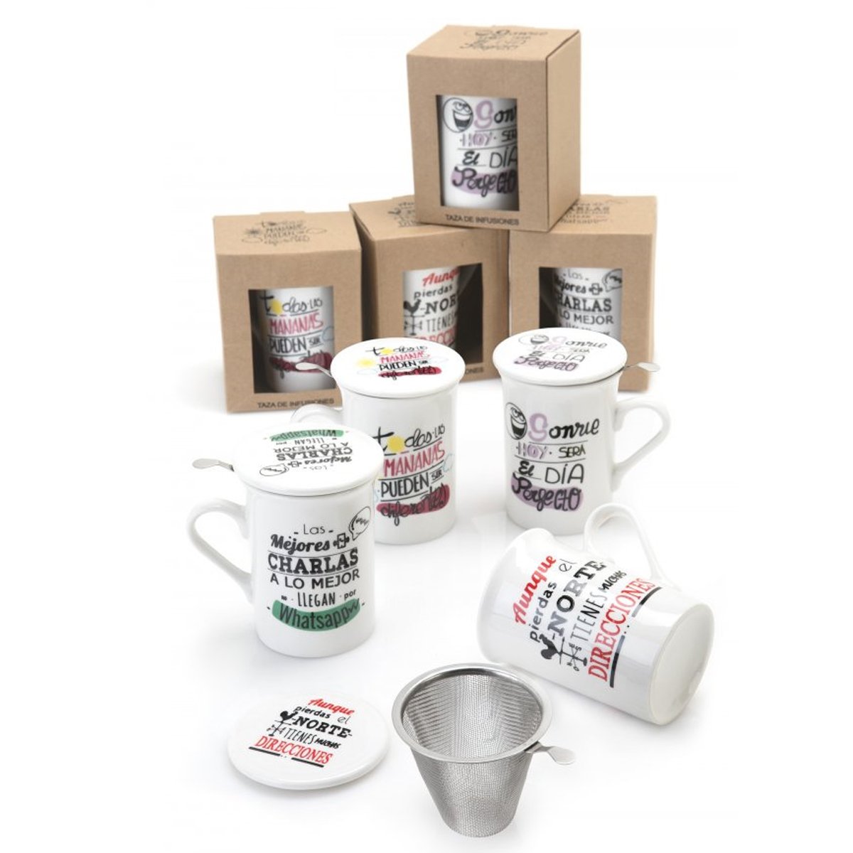 Curia Grabador Tazas para infusión con frases divertidas - Tazas para té y desayunos con frases - Incluye filtro - Pack 4 unidades