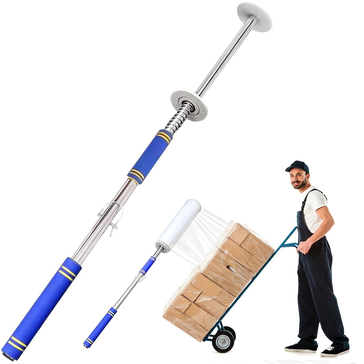 Long Handle Pallet Stretch Wrap Dispenser, Stainless Steel Manual Stretch Film Dispenser, Fits 6-20" Film & 1.5-3" Core, Extendable Handle for Warehouse, Logistics, Factory & Pallet Wrapping(48 In)