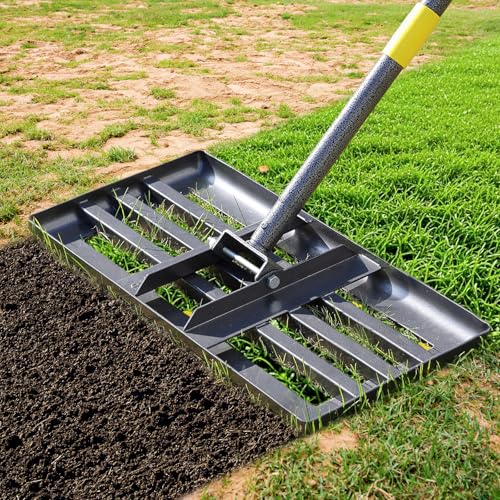 Lawn Leveling Rake, 60 Inch Adjustable Long Handle Leveling Rake, Black Heavy Duty & 1 Inch Diameter Stainless Steel Handle Lawn Rakes, Lawn Leveler Tool for Soil Grass Golf Field Yard