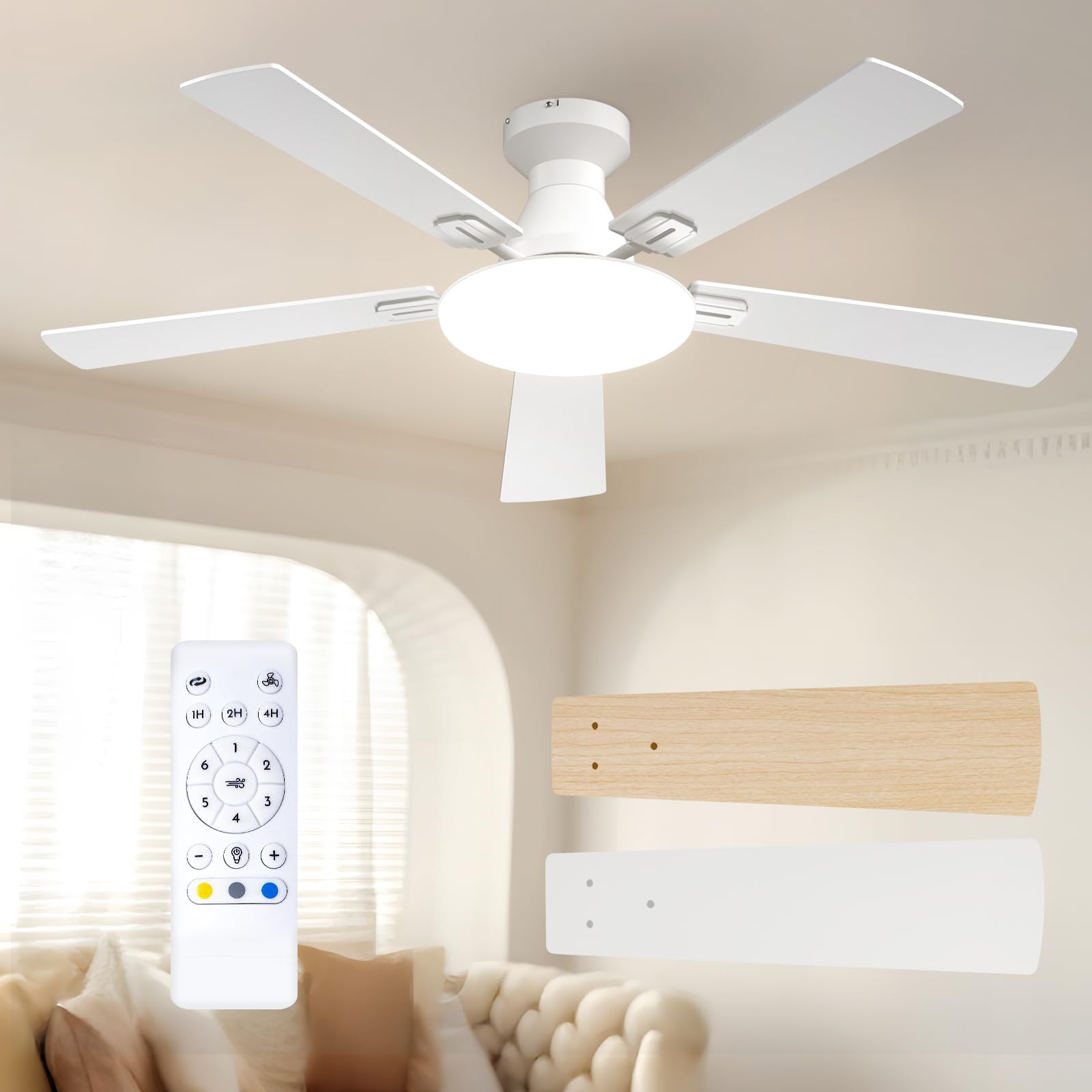 Passky Ventilatore da soffitto da 132 cm con illuminazione e telecomando, motore DC silenzioso, 5 pale, 6 velocità, 3 temperature di colore, timer, bianco