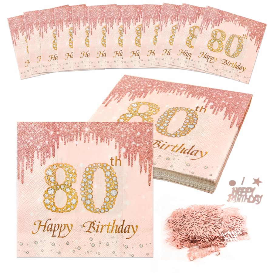 40 Pcs 80th Birthday Napkins, 2 Layers Pink Rose Gold Napkins with Confetti — image 1