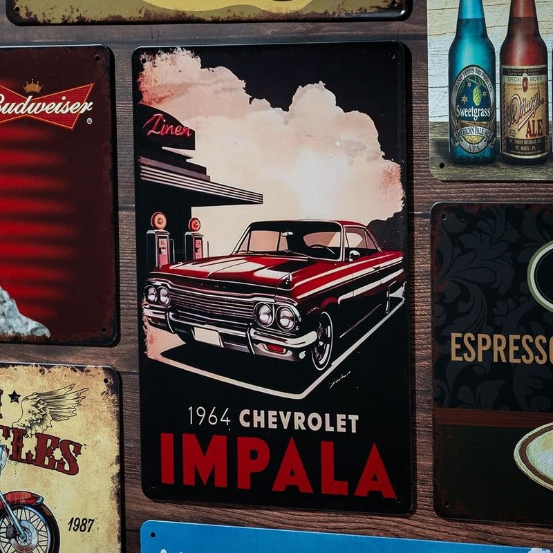 Image of Eazywagon Decorative Retro Metal Signs Wall Plate - 12x8 Inch (Chevrolet Impala 1964) | Weatherproof Vintage Metal Sign Plate for Cafe, Home, Bar, Garage | Decorative Wall Hanging Sign Board