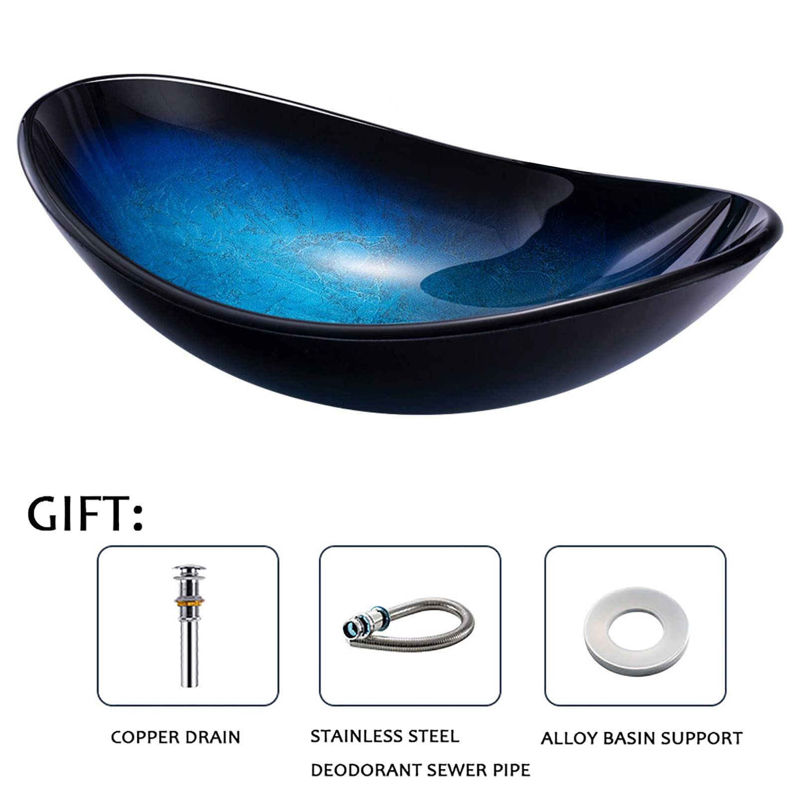 Lavabo de baño Vanity Lavabo de baño de encimera de Vidrio Templado con desagüe Combo Lavabo de tocador Lavabo Ovalado Lavabo de Recipiente, sin Grifo