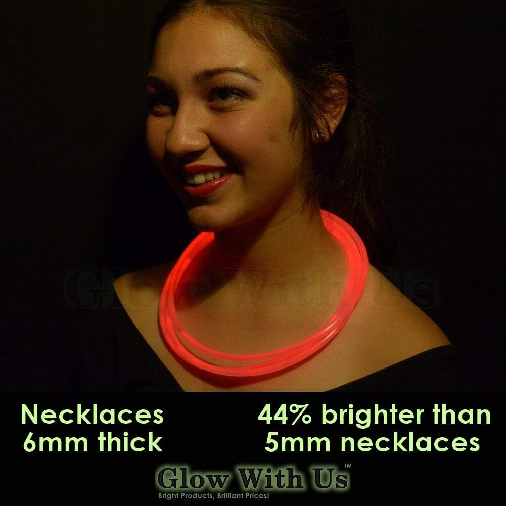 Glow Sticks Bulk Wholesale Necklaces, 600 22” Red Glow Stick Necklaces, Bright Color, Glow 8-12 Hrs, Connector Pre-Attached, Sturdy Packaging, GlowWithUs Brand