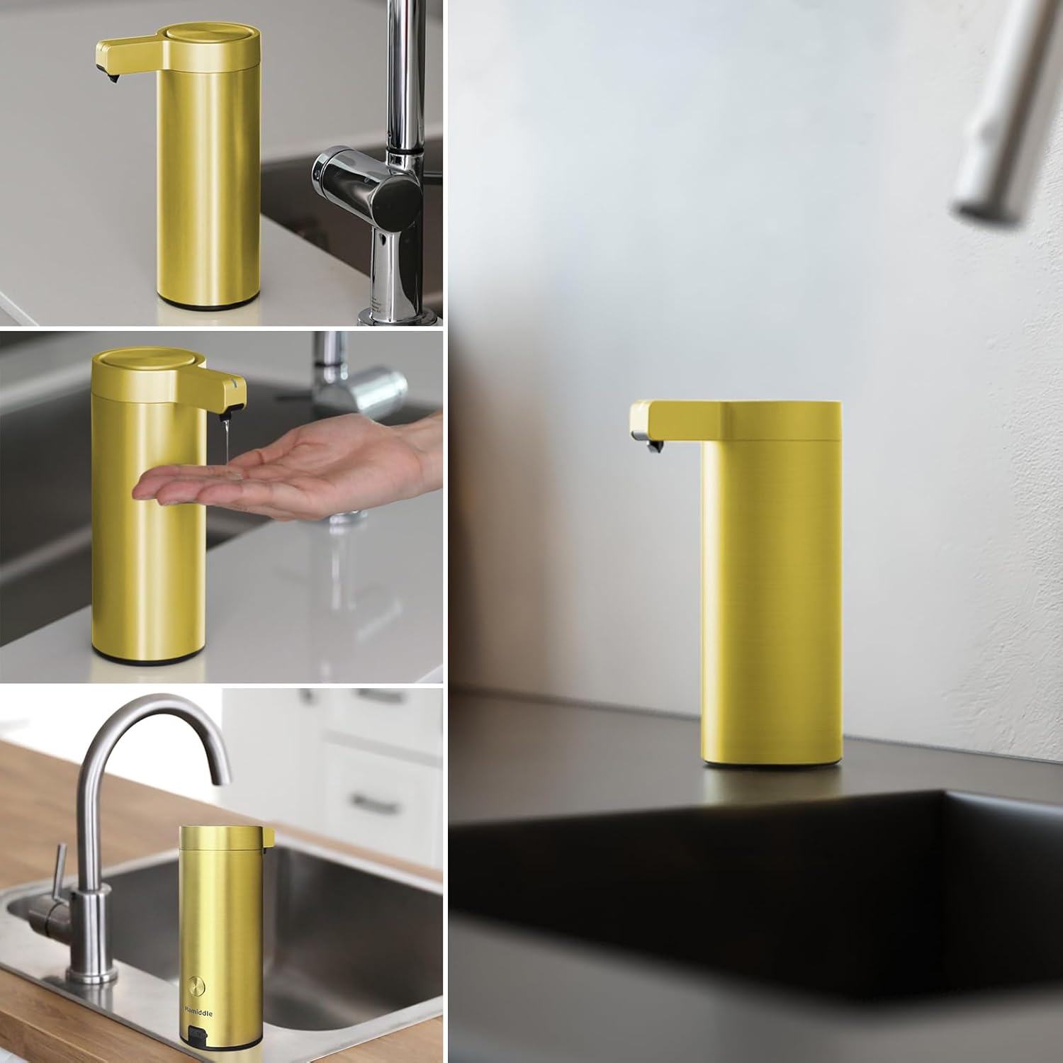 Automatic Soap Dispenser Stainless Steel with Sensor Infrared Soap Dispenser Electric IPX5 Waterproof USB-C Charging Motion Sensor for Kitchen & Bathroom (Gold)