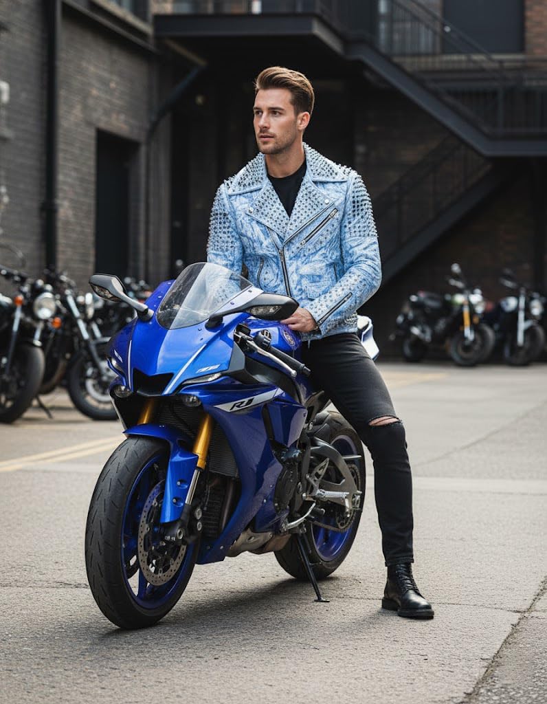 Mens Motorcycle Genuine Leather Spiked Jacket Rockstar Gothic Style Rock Punk Brando Biker Studded Leather Jacket