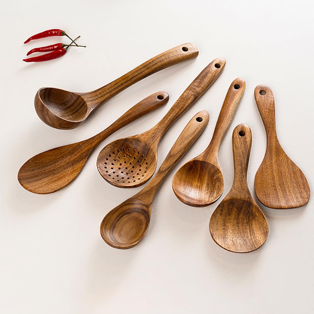 Kochlöffel-Set Aus Holz, Kleines Küchenhelfer-Set Aus Holz, Langer Holzspatel, Ungiftige Holzlöffel, Spülmaschinenfester Holzspatel Aus Teakholz, Langer Griff Aus Teakholz