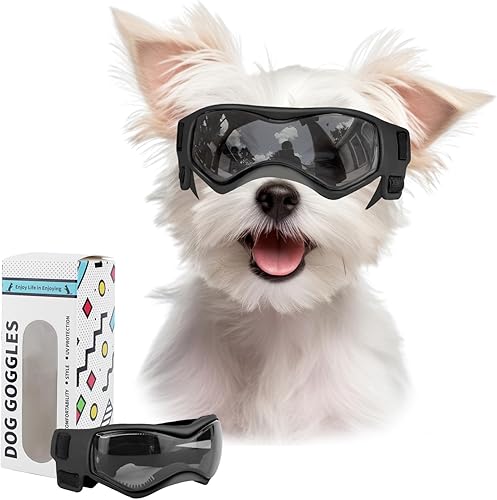 Gafas de sol para perros para razas pequeñas, protección UV, resistente al viento, con correas ajustables para la cabeza, correas de barbilla para