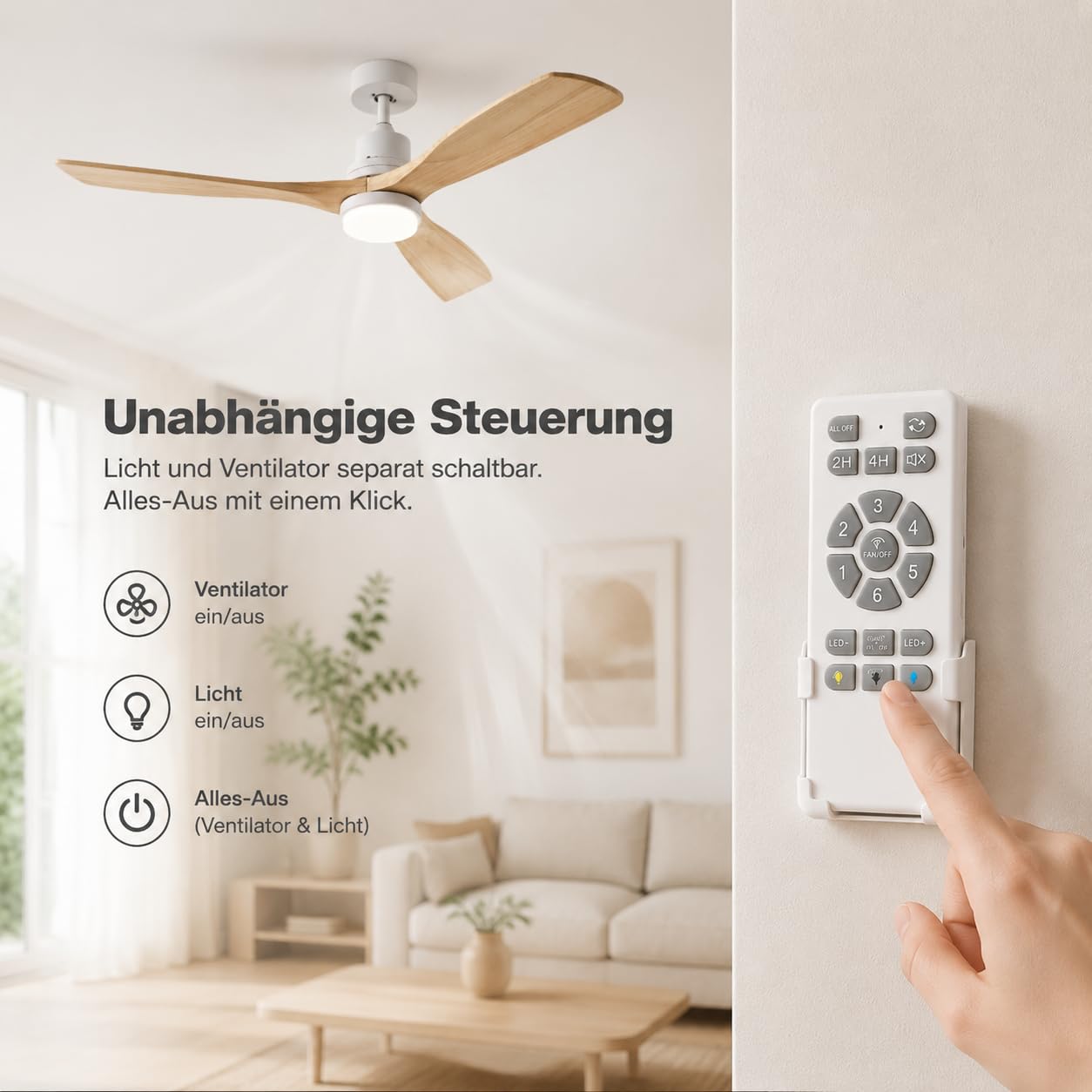 132 CM Deckenventilator mit Beleuchtung und Fernbedienung, Leise DC-Motor, 3 Blätter, 6 Geschwindigkeiten, Timer, 6 Geschwindigkeiten, Sommer Winterbetrieb für Schlafzimmer (Weiß)