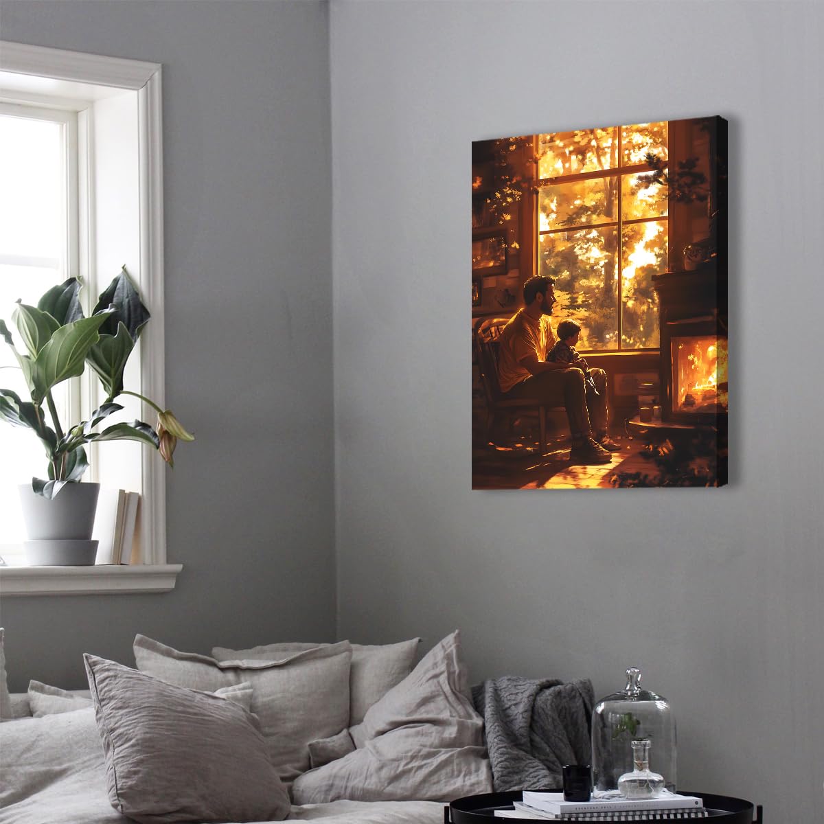 Pittura su tela padre e figlio stampe calde e calde tela al tramonto Poster Illustrazione murale per la Festa del Papà per casa Sala da pranzo Camera da letto Nursery 87x118cm Telaio interno