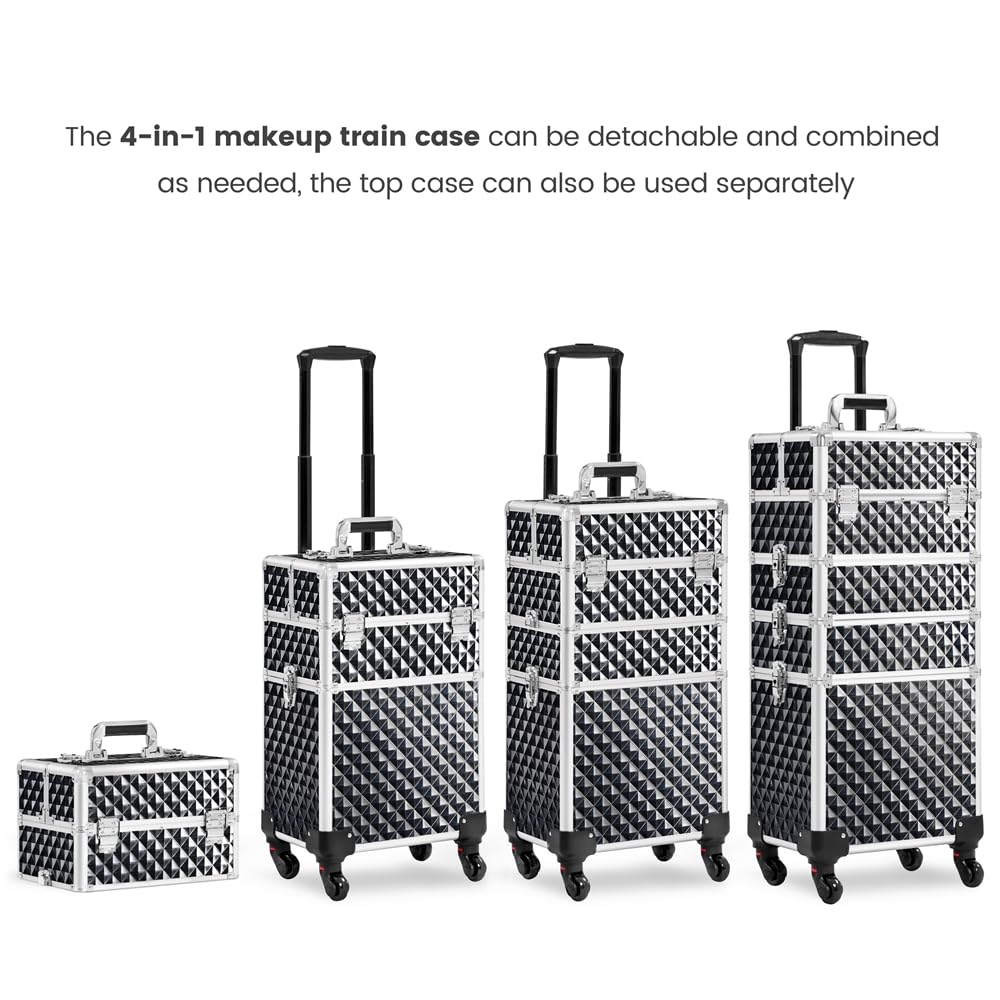 Yaheetech Valigia Porta Trucchi Trolley Estetista 4 in 1 Valigetta Make Up Beauty Case da Viaggio Grande con Ruote Girevoli Serrature Professionale 34 x 25,5 x 80 cm Nero Scintillante