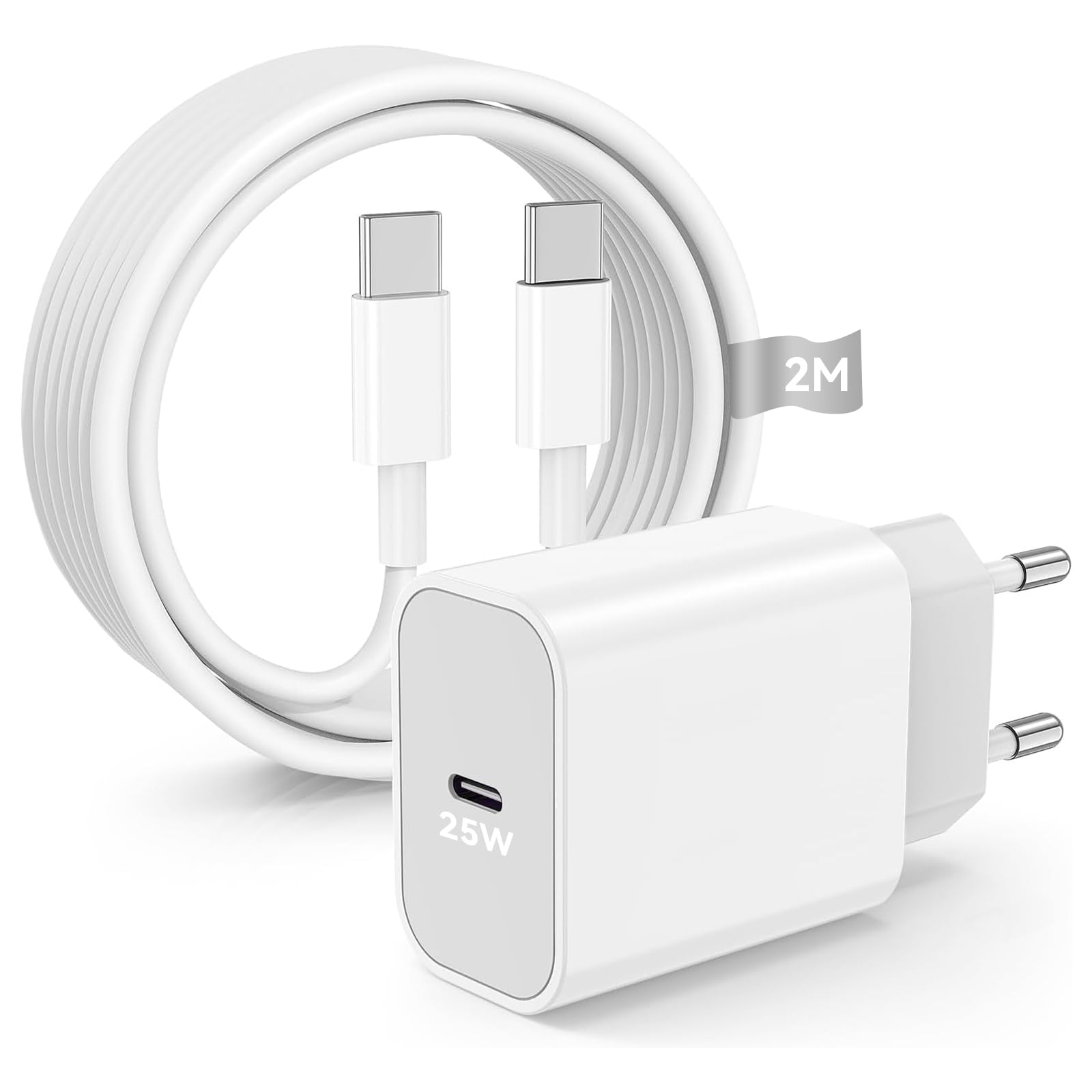25W USB C Caricatore Presa per Phone 16/16 Plus/16 Pro/16 Pro Max/15/15 Plus/15 Pro/15 Pro Max, iPad Air/mini, 25W Caricabatteria da Parete Veloce Con Cavo di Ricarica USB-C to Type C 2M