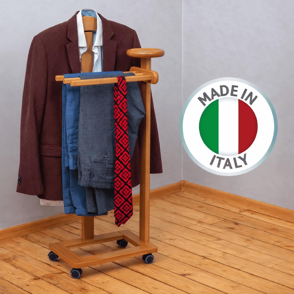 Tatkraft Lord Herrendiener aus Buche mit Rollen und Ablage, Italien | Moderner Herrendiener aus Buchenholz für Anzug, Hemd, Jacke, Krawatte und Hose, Herrendiener Schlafzimmer, Kleiderdiener