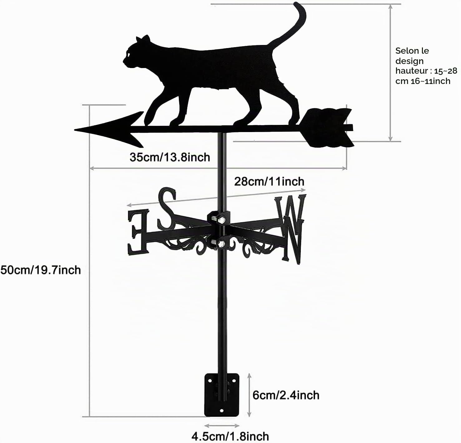 Ornement de chat girouette en métal, indicateur de direction du vent de la coq en acier inoxydable mignon forme de chat toit décoration de jardin, pour cour de ferme extérieur,Cat~e