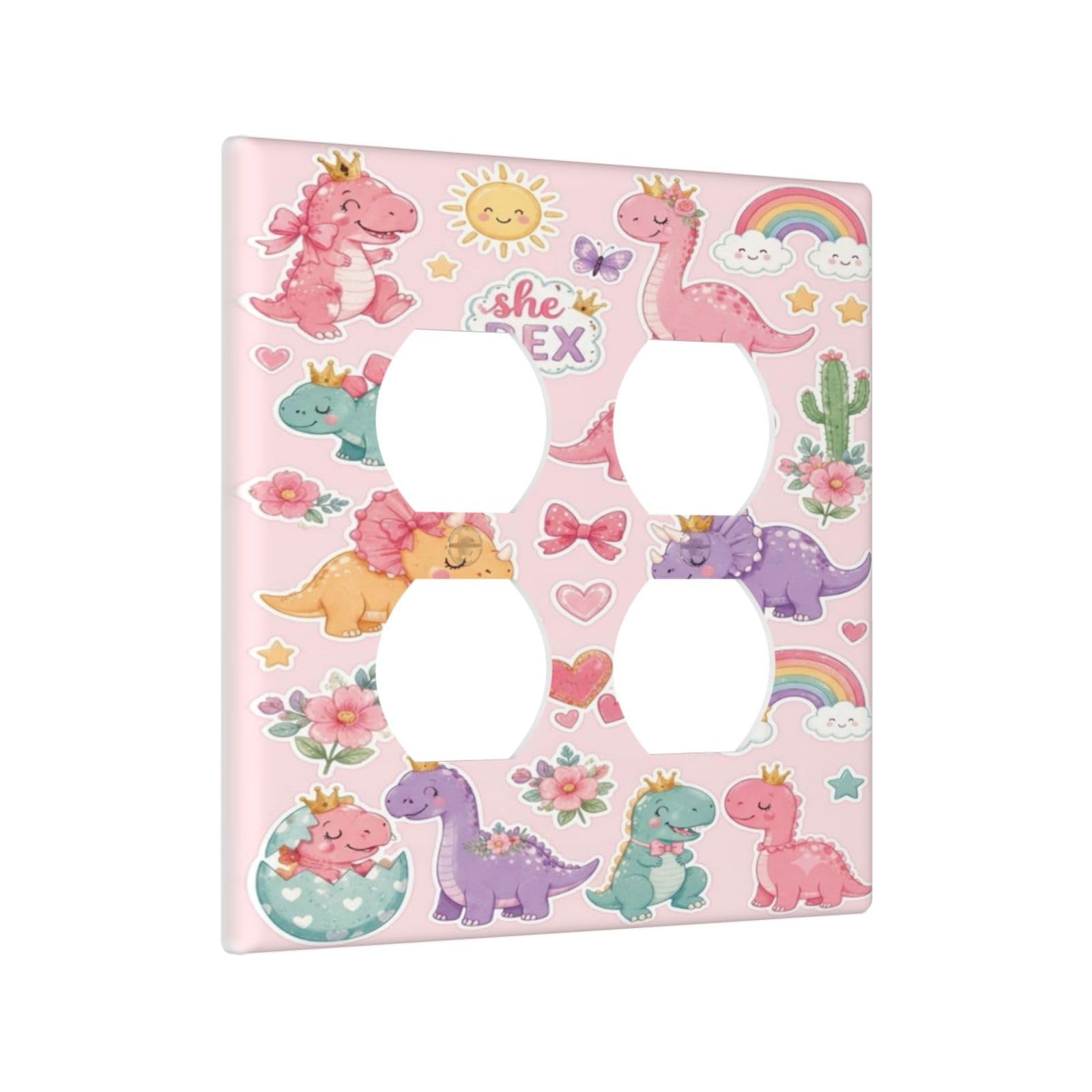 Yamxbfa Decorative Outlet Covers Cute Cartoon Pink Dinosaur Rainbow Flower 2 Gang Light Switch Cover Plate Double Duplex Wall Plates Electrical Switch Plate Covers for Kid Room Decor