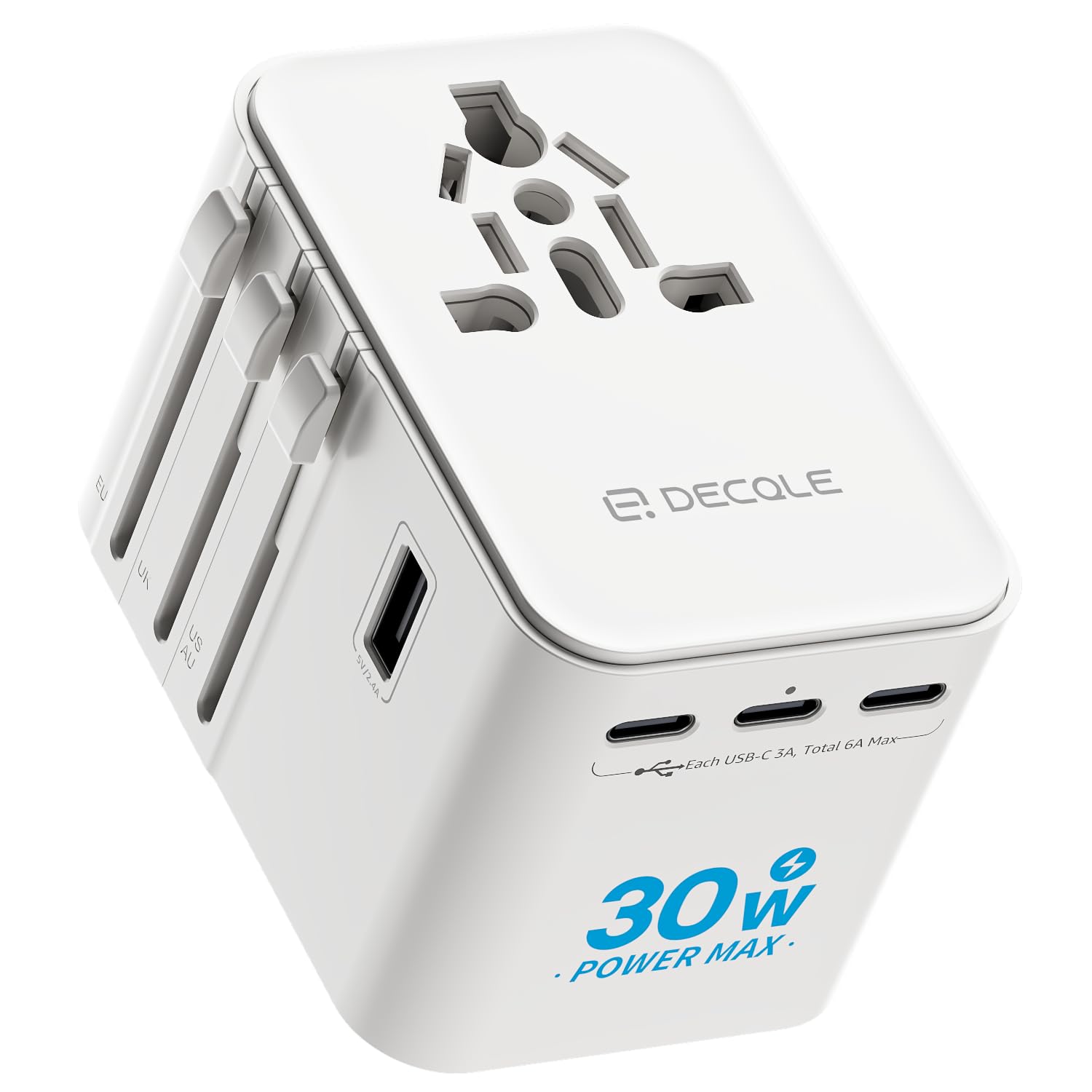 decqle Reiseadapter Weltweit, Universal Reisestecker mit 3 USB-C (30W), 2 USB-A und 1 AC Steckdose, Internationaler Steckdosenadapter, AC Adapter Universaladapter für EU, UK, US, AU (Weiß)