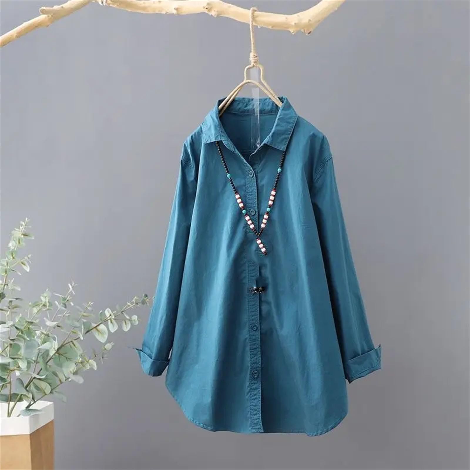 Camisa de algodón y lino para mujer, de manga larga, con botones, estilo informal, color liso