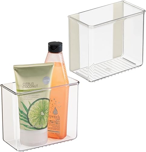 mDesign Contenedor organizador de almacenamiento de plástico adhesivo para montaje en pared, para baño, ducha, organización de cosméticos de