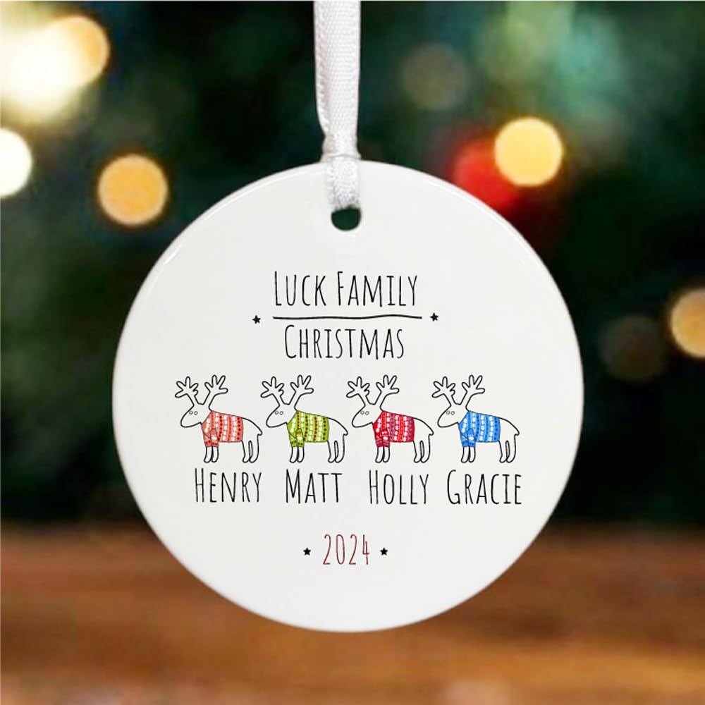 Luck And Luck White Personalised Porcelain Family Names Christmas Bauble, Custom Reindeer Design, Christmas Ornament, Christmas Tree Decoration Gift