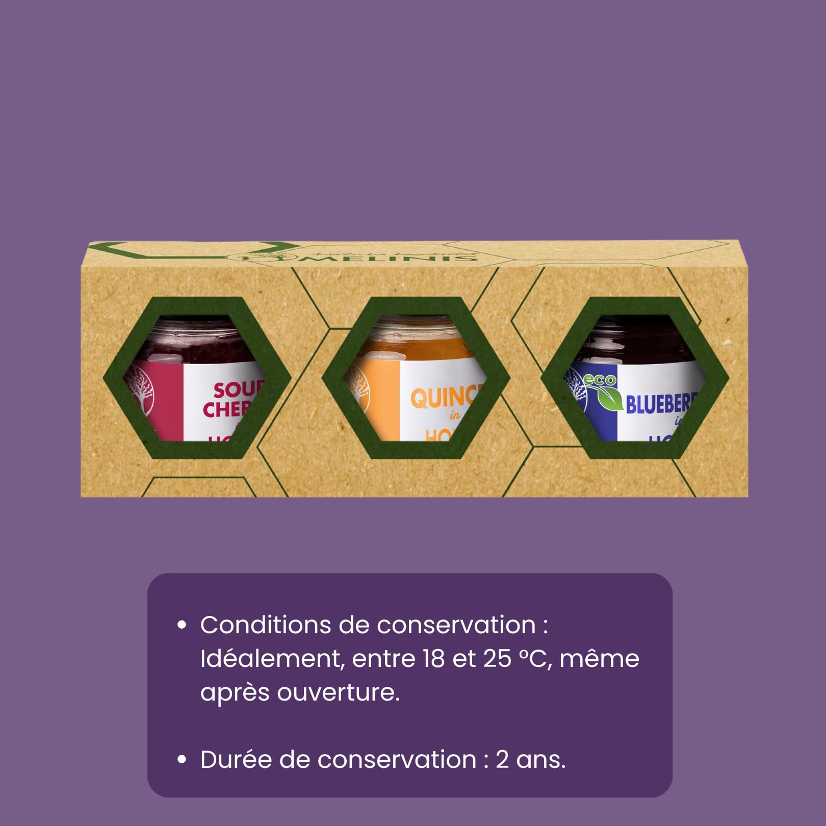 Coffret Dégustation 3 × 40 g – Miel Bio Tartinable aux Myrtilles, Coings Bereczki et Griottes – Sans Sucre Ajouté – Tartinables Naturels pour Petit-Déjeuner, Snacks et Cadeau Gourmet – Melinis