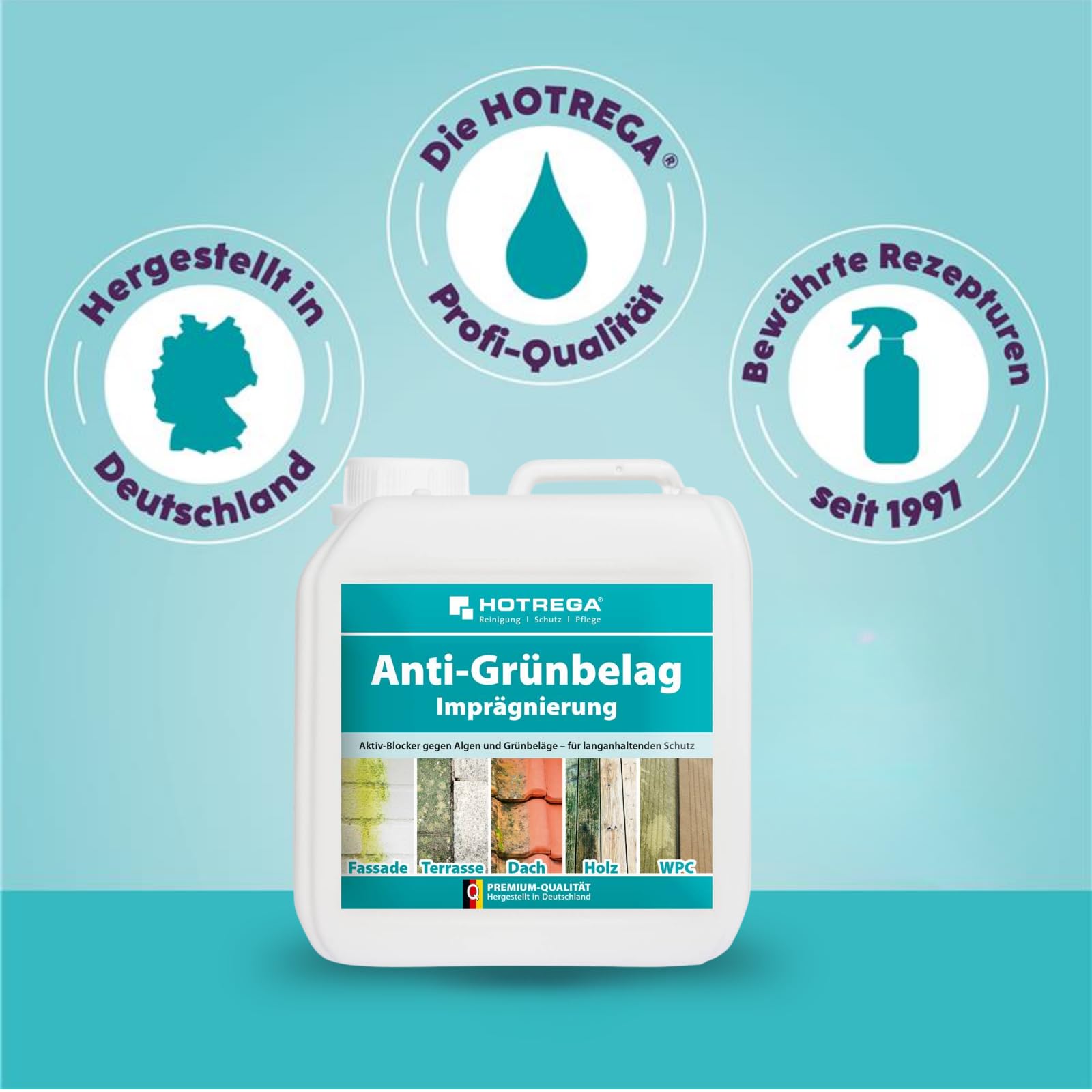 HOTREGA Anti-Grünbelag Imprägnierung 2 L | Schutz gegen Algen, Moos & Pilze | Gebrauchsfertig für Holz, Stein, Beton & WPC | Beugt Neubefall vor | Lösemittelfreier Langzeitschutz für Außenflächen