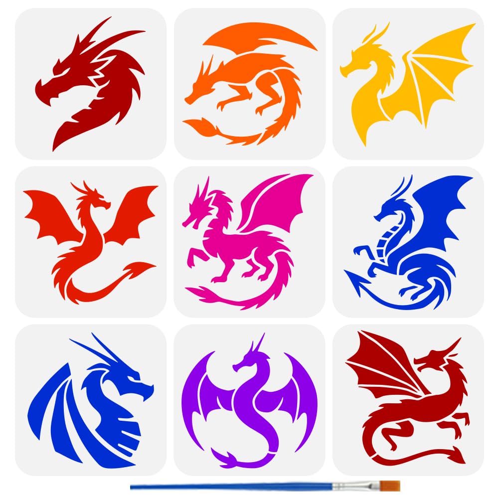 FINGERINSPIRE 9PCS Dragon Painting Stencil 15x15cm Dragon Silhouette Template With Paint Brush Hollowed Dragon With Wings Stencil Reusable Pterosaur Template Fantasy Theme Stencil For DIY Crafts