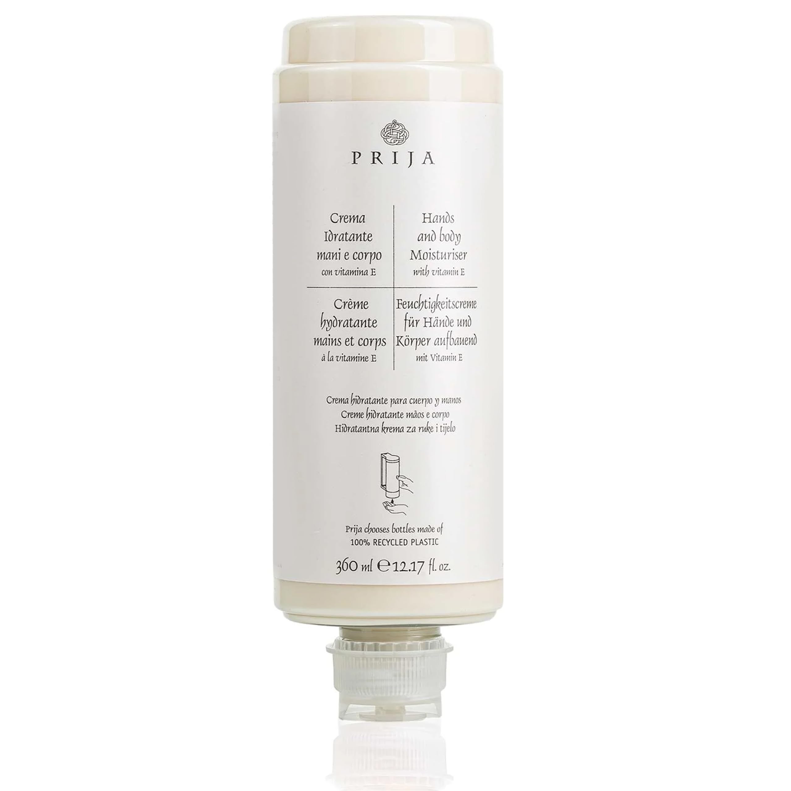 PRIJA 2 en 1 Crema Hidratante de Manos Loción Corporal con Vitamina E, Cartucho Dispensador de 360 ml (Blanco, 6 x 360 ml)