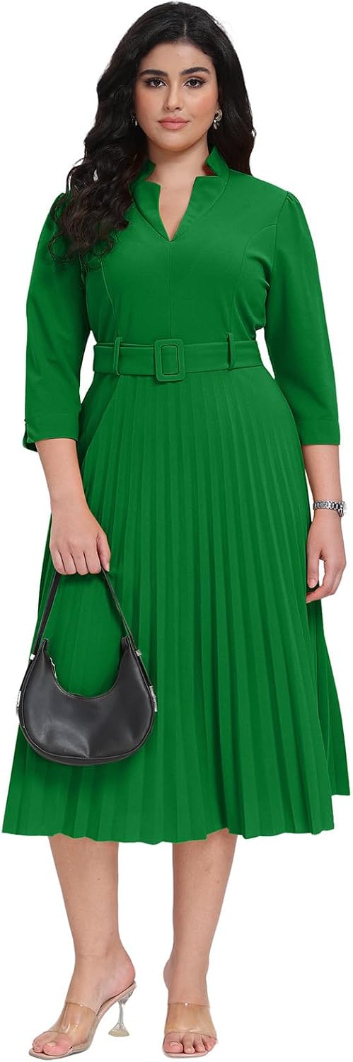 Ekaliy Women's V Neck Business Casual Shirt Dress for Women 3/4 Sleeves Pleated Midi Dresses with Belt - Image 5