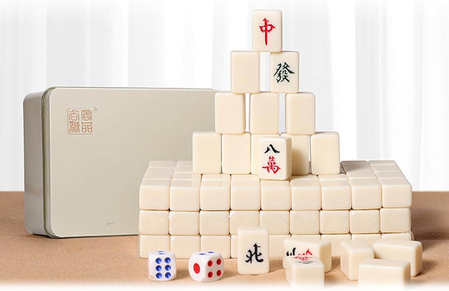 Chinese Mahjong Game Set, Mini Thumb Mahjong Tiles*144, Solid Melamine, with Portable Metal Storage Box + Tablecloth + 2 Dice + 4 Tile Boxes (Ivory)