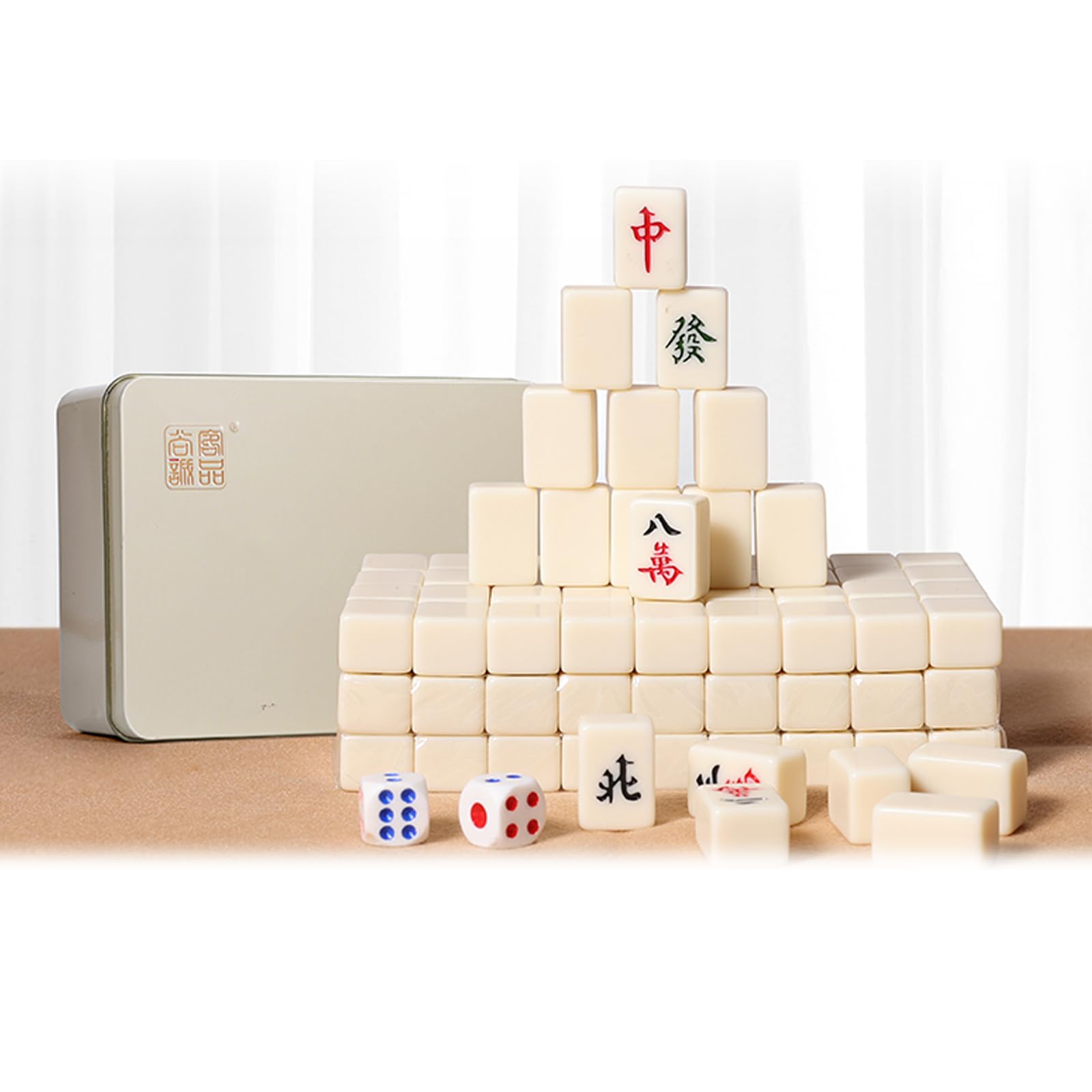 JINEKU Chinese Mahjong Game Set, Mini Thumb Mahjong Tiles*144, Solid Melamine, with Portable Metal Storage Box + Tablecloth + 2 Dice + 4 Tile Boxes (Ivory)