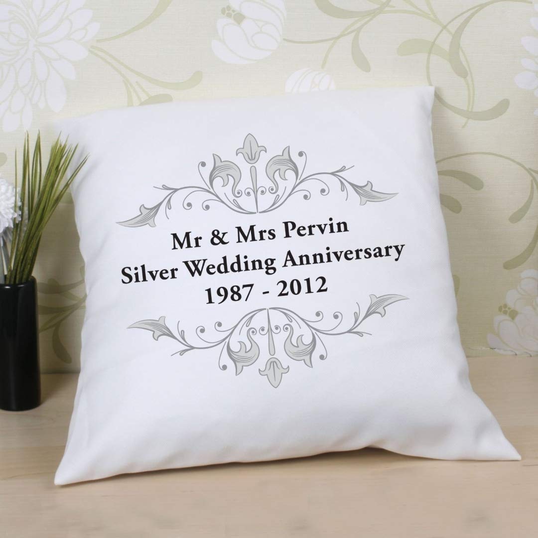 The Gift Experience Personalised Silver Anniversary Pillow Cushion With Insert, 25th, Personalised Gifts