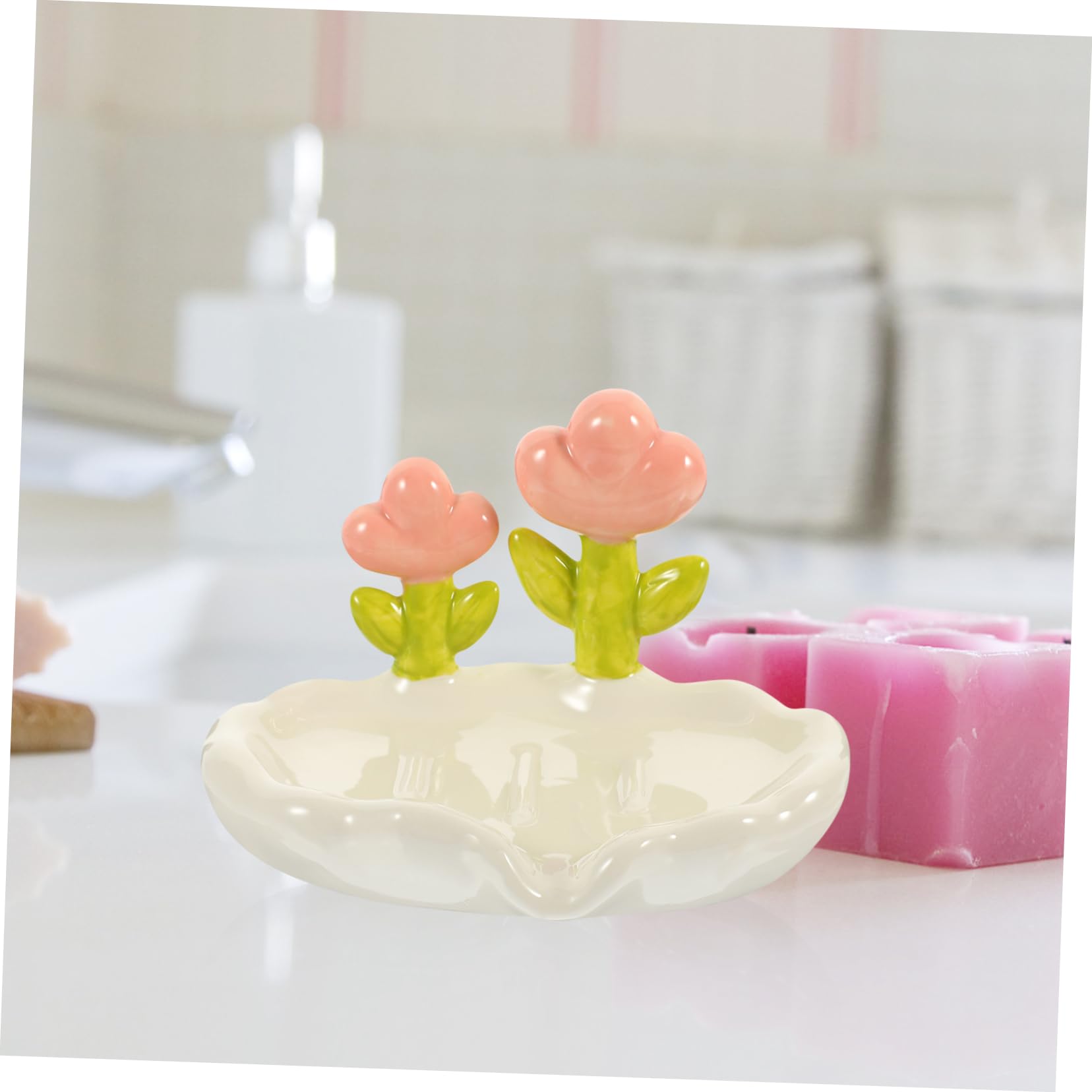 Jabonera de Cerámica Forma de Flor para Encimera de Baño | Escurridor Boca de Drenaje, Vierte el Agua al Lavabo, Uso en Tocador y Cocina