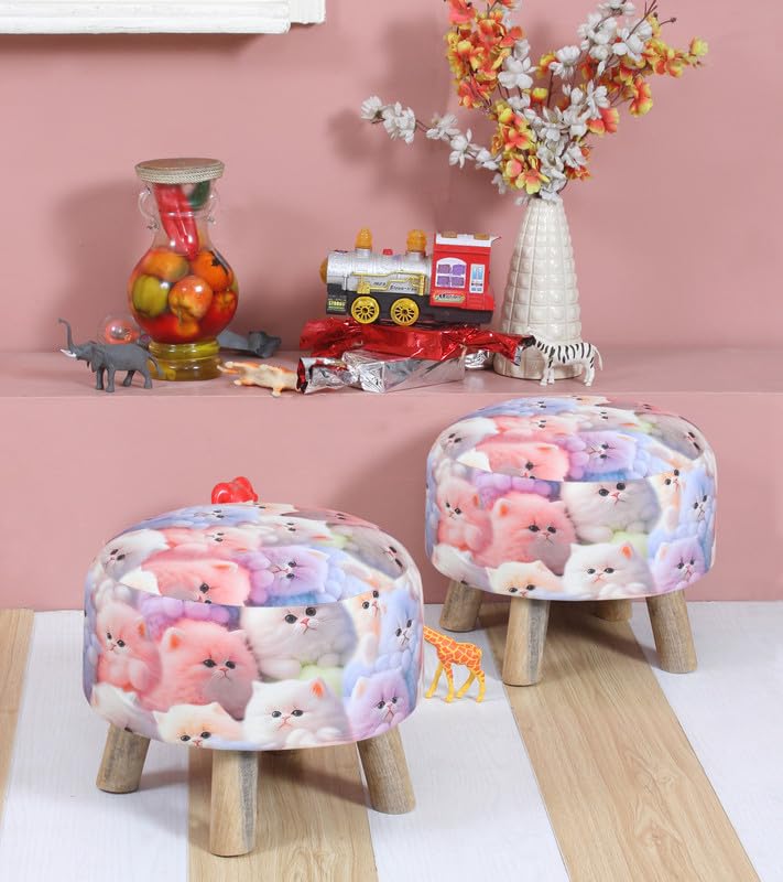 Ottoman Kids pouffe Small Stool for Baby Chair Study Table Stool for Kids Room Baby Sofa Stepstool Children Cartoon Wooden Pack of 2, 14x11 Inch, Cat-image-43