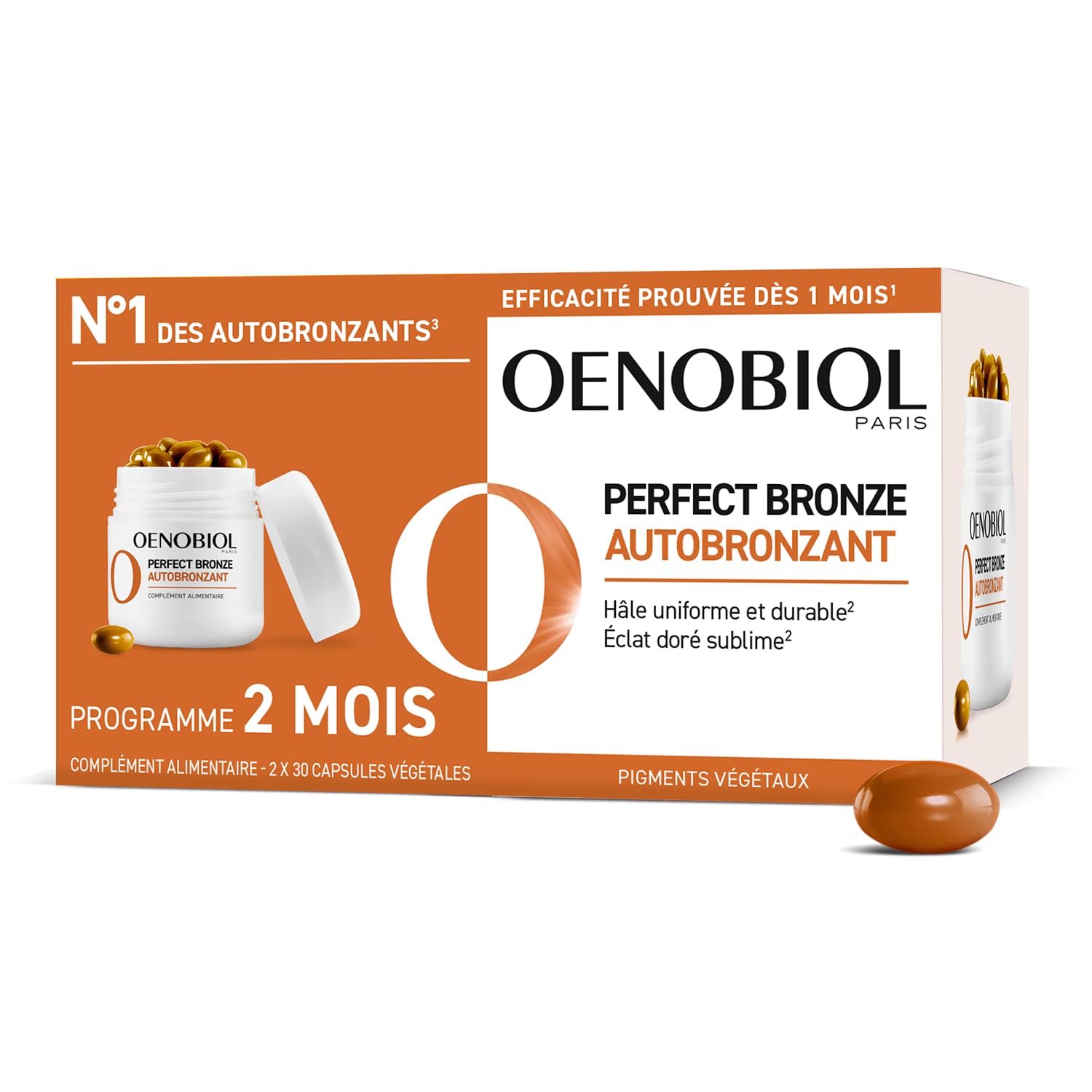 Oenobiol Autobronzant Perfect Bronze - Efficace Dès Le 1Er Mois Sans Soleil - Concentration De 5 Pigments 100% D'Origine Végétale - Complément Alimentaire 2X30 Capsules - Programme 2 Mois