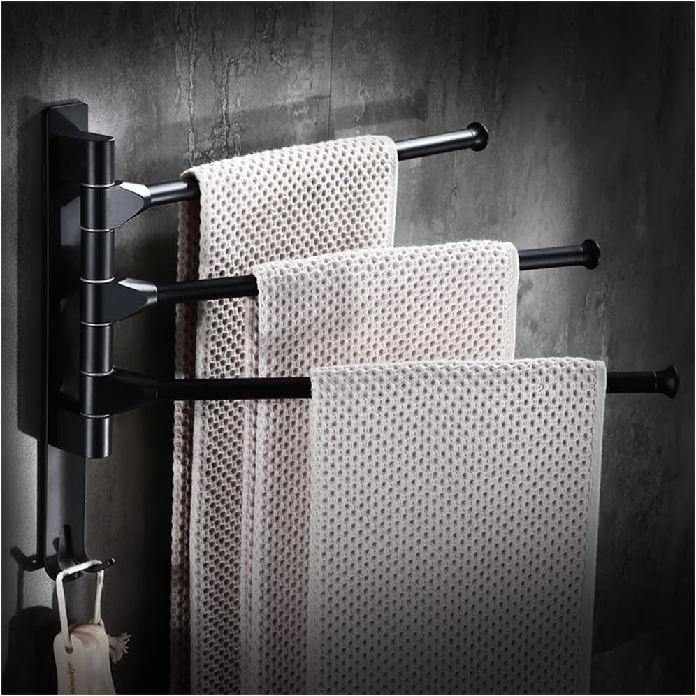 FAMMIX Black Swing Out Towel Bar with Hook for Bathroom, Folding Arm Swivel Hanger Bathroom Storage Organizer Rustproof Wall Mount, Space Saving Swivel Towel Rack 3Bars